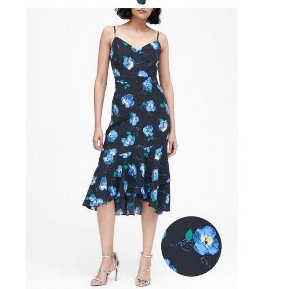 Banana Republic Blue Floral Strappy Asymmetrical Midi Dress Sz 0 - NWT MSRP $139